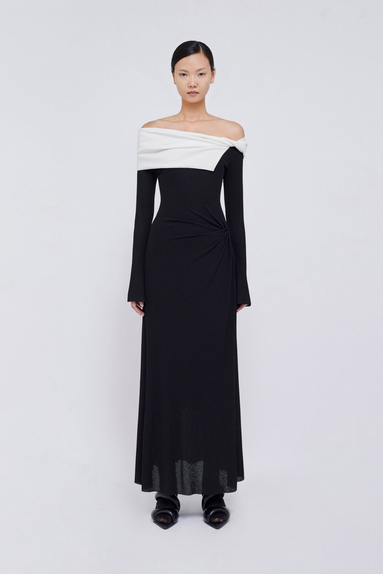 Off-shoulder bi-color dress with draped neckline